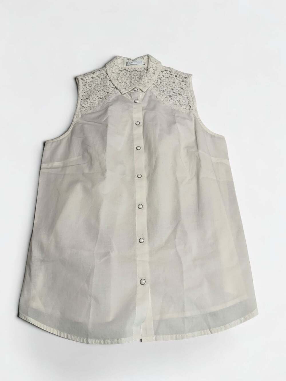 Promod Women's White 100% Cotton Sleeveless Lace Yoke Button Down Blouse